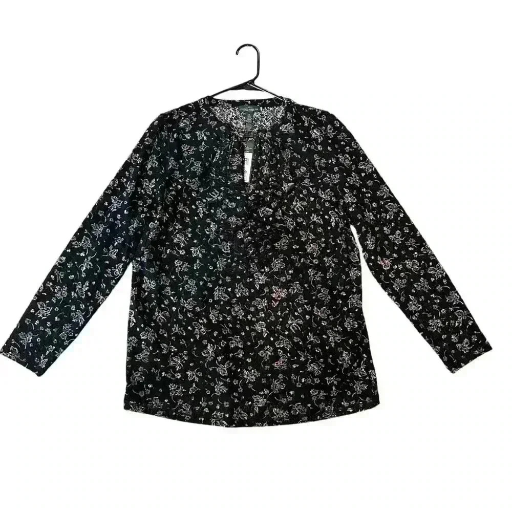 LRL  Black Long Sleeve Pull Over with Button Blouse Floral Print Ruffles S 1X